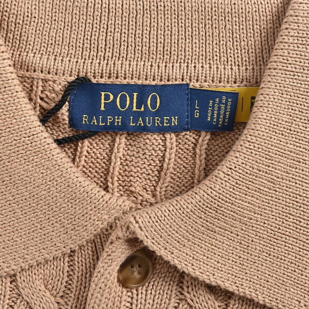 Ralph Lauren Cable-Knit Three-Button Polo Sweater - Camel