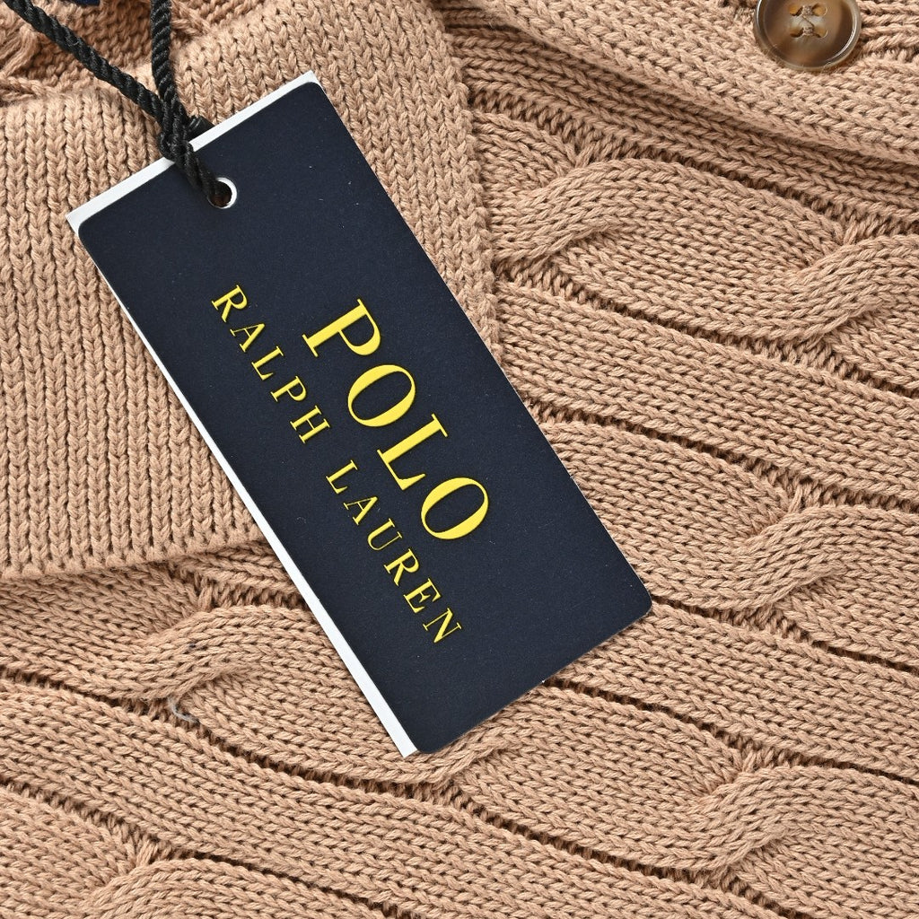 Ralph Lauren Cable-Knit Three-Button Polo Sweater - Camel