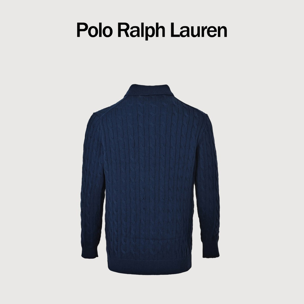 Ralph Lauren Cable-Knit Three-Button Polo Sweater - Navy with Red Pony