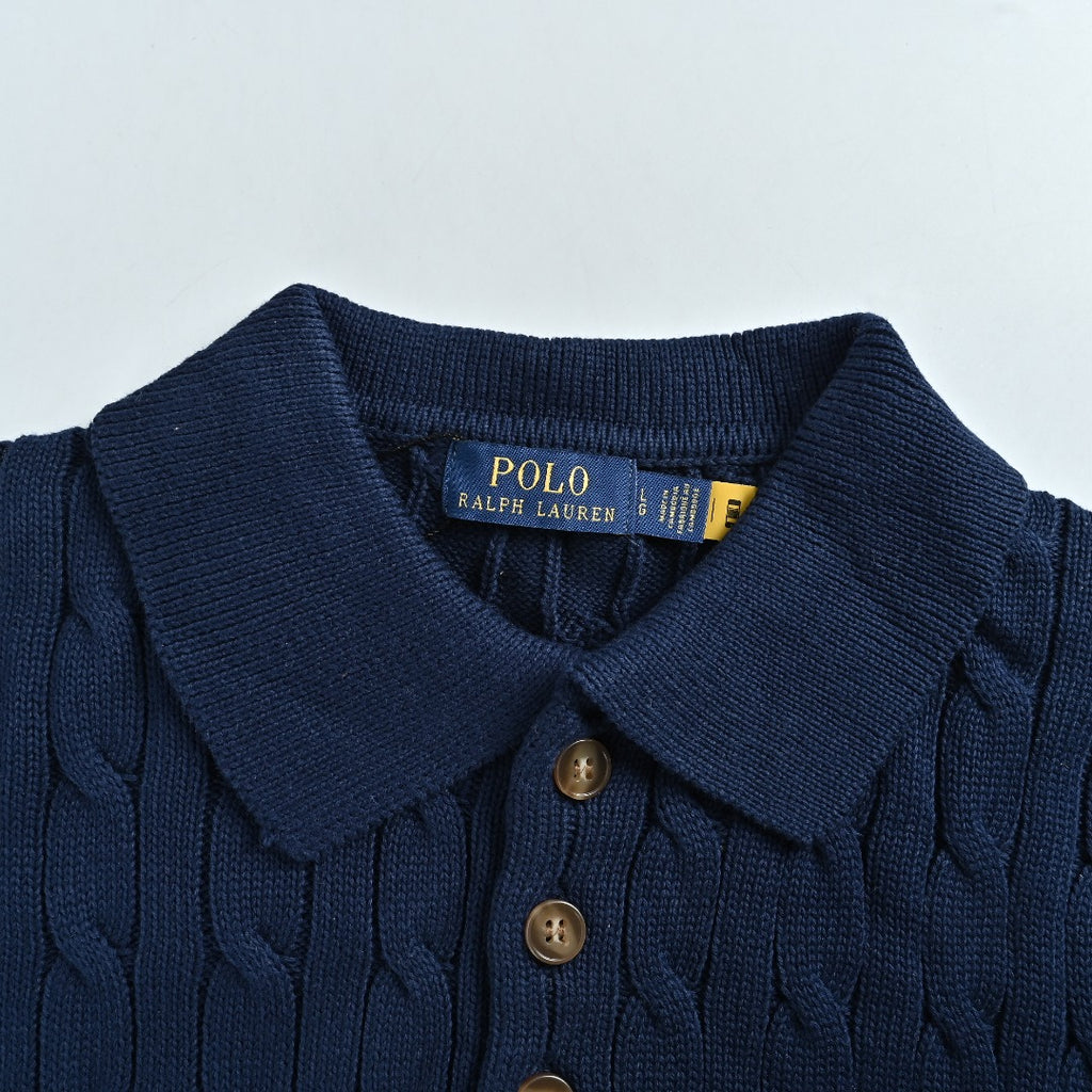 Ralph Lauren Cable-Knit Three-Button Polo Sweater - Navy with Red Pony