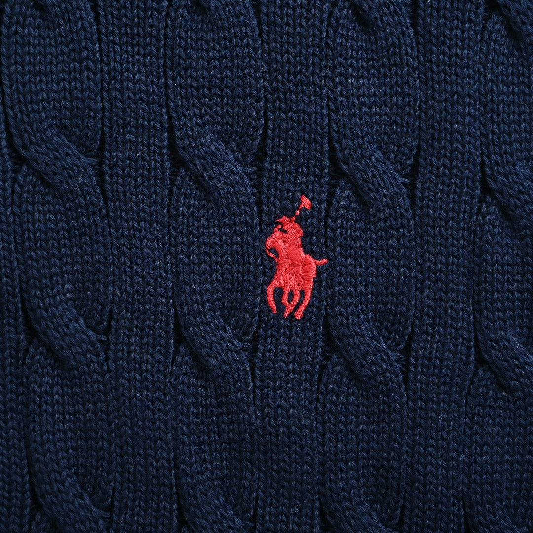 Ralph Lauren Cable-Knit Three-Button Polo Sweater - Navy with Red Pony
