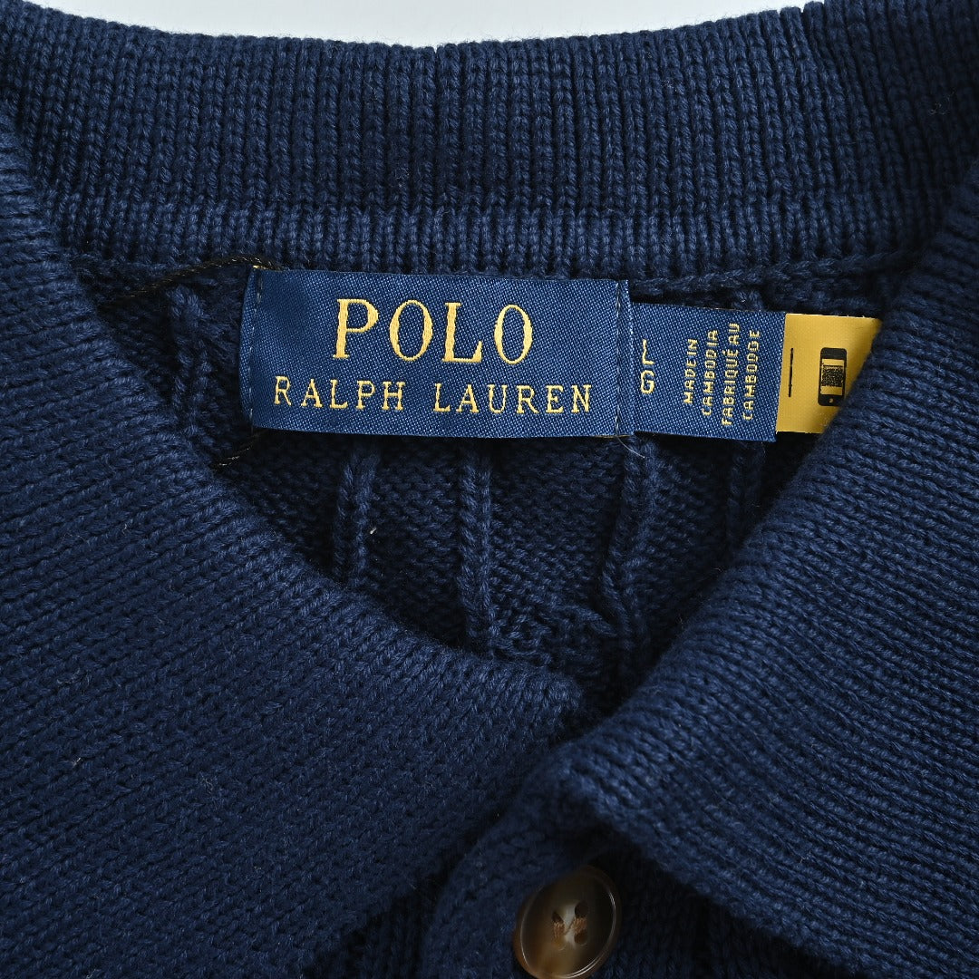 Ralph Lauren Cable-Knit Three-Button Polo Sweater - Navy with Red Pony