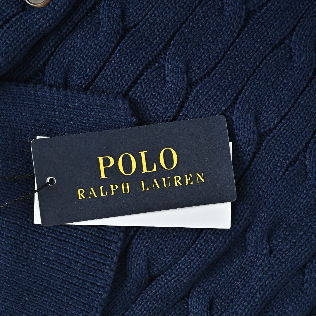 Ralph Lauren Cable-Knit Three-Button Polo Sweater - Navy with Red Pony