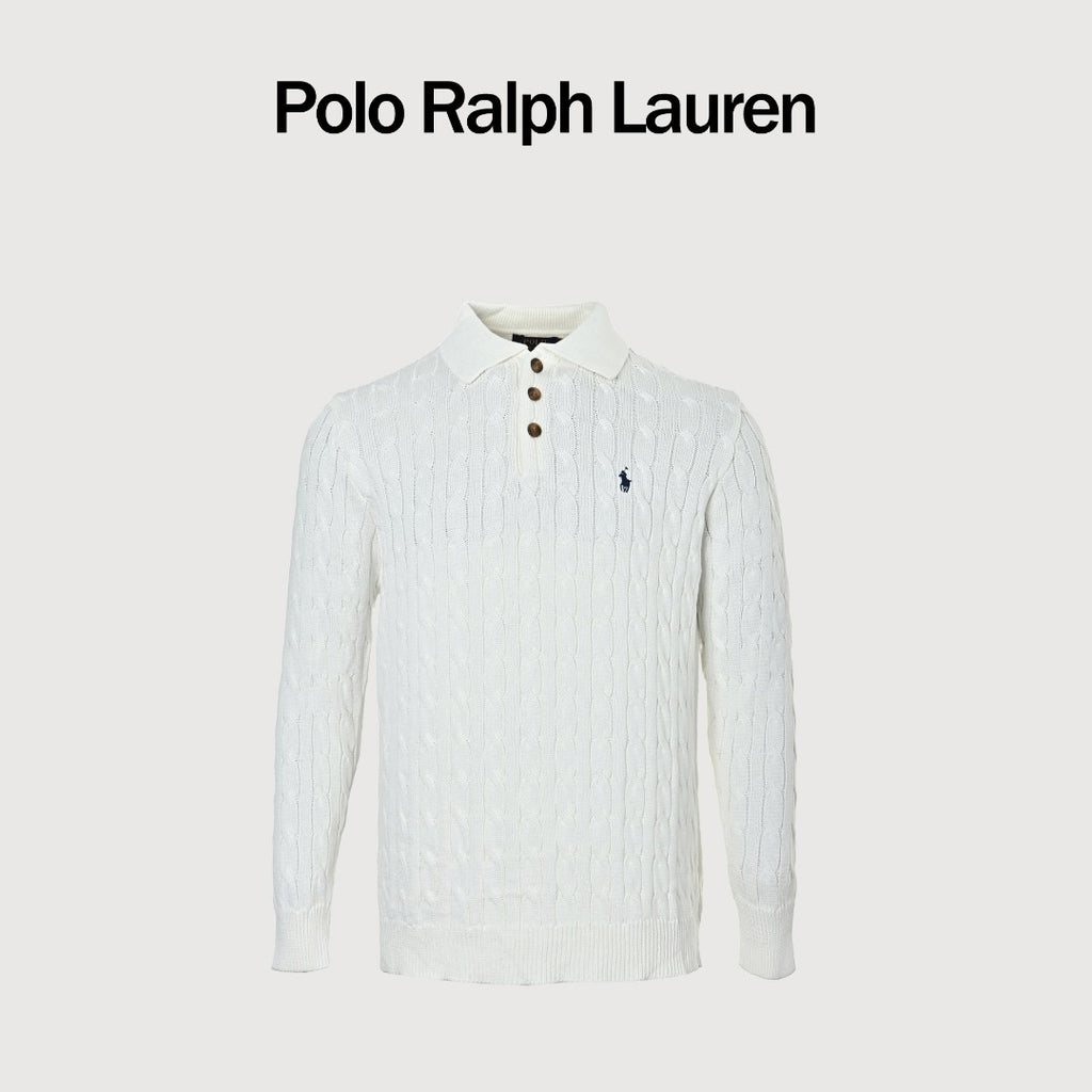 Ralph Lauren Cable-Knit Three-Button Polo Sweater - White