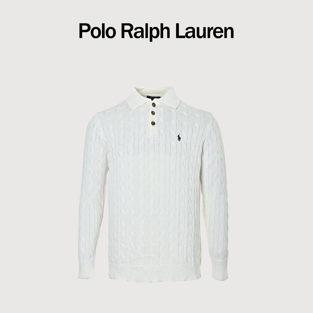 Ralph Lauren Cable-Knit Three-Button Polo Sweater - White