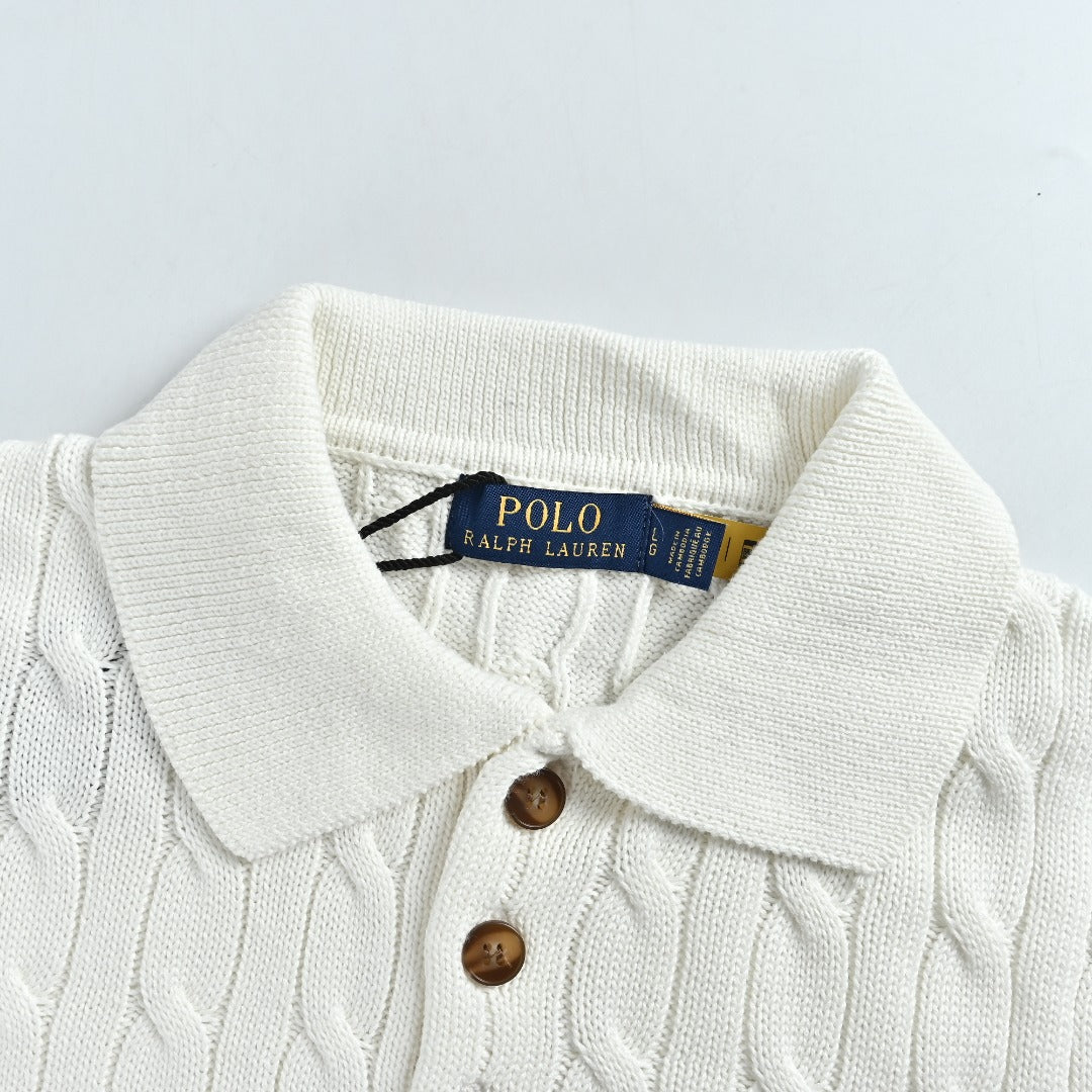 Ralph Lauren Cable-Knit Three-Button Polo Sweater - White