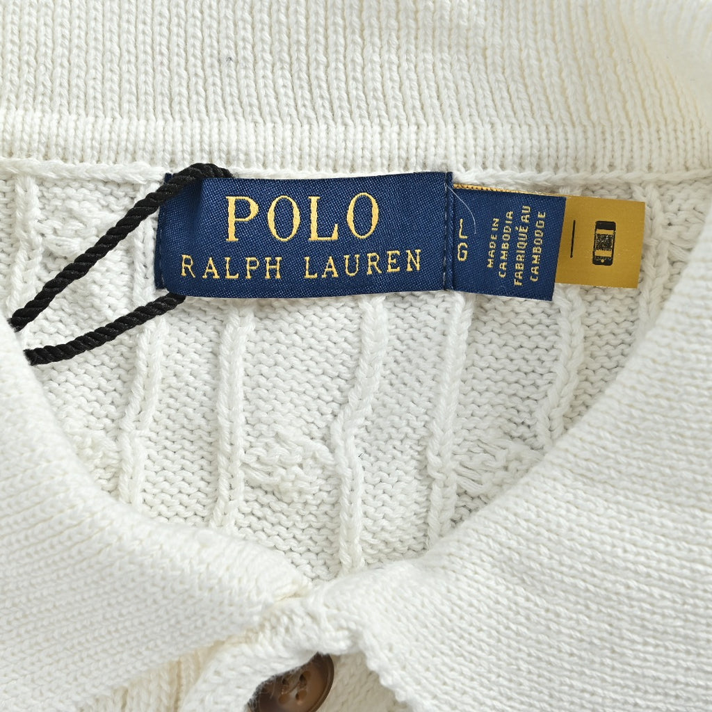 Ralph Lauren Cable-Knit Three-Button Polo Sweater - White
