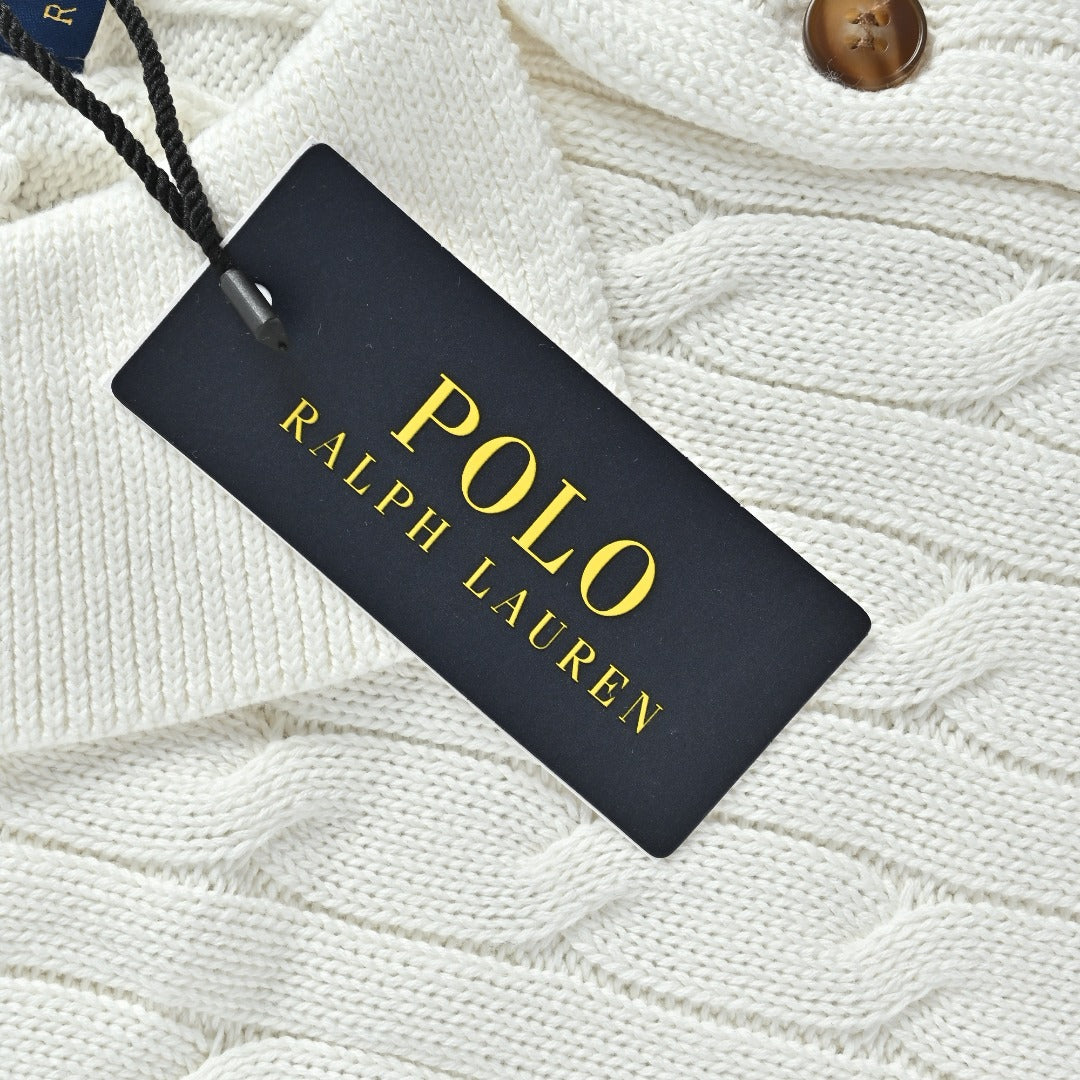 Ralph Lauren Cable-Knit Three-Button Polo Sweater - White
