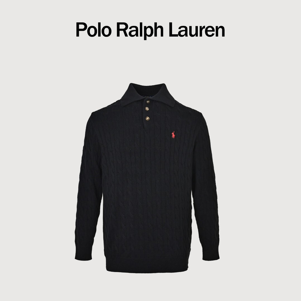Ralph Lauren Cable-Knit Three-Button Polo Sweater - Black
