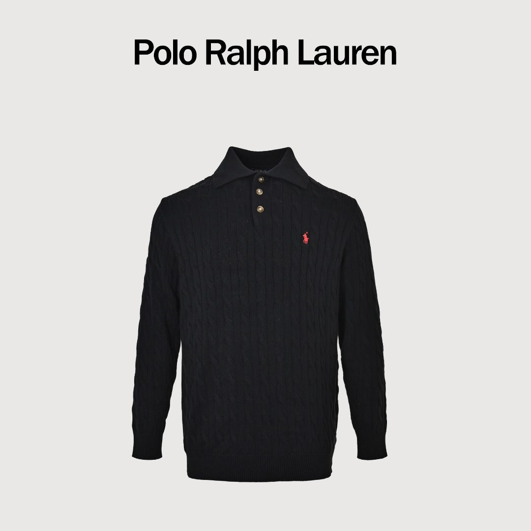 Ralph Lauren Cable-Knit Three-Button Polo Sweater - Black