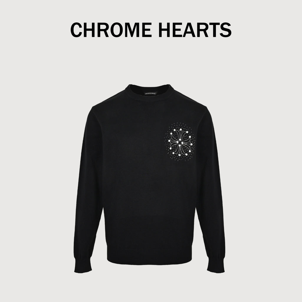 Chrome Hearts Rhinestone Logo Crewneck Knit Sweater - Black