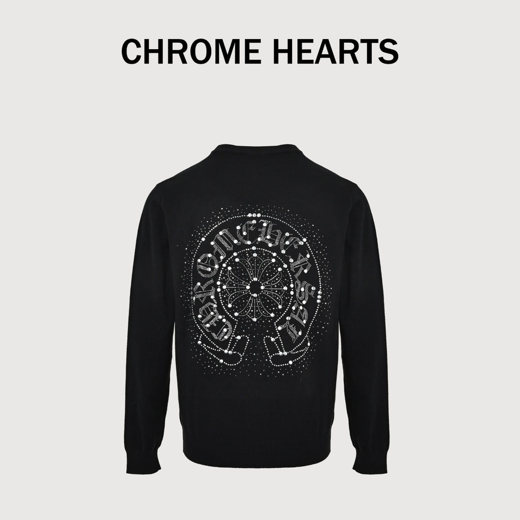 Chrome Hearts Rhinestone Logo Crewneck Knit Sweater - Black