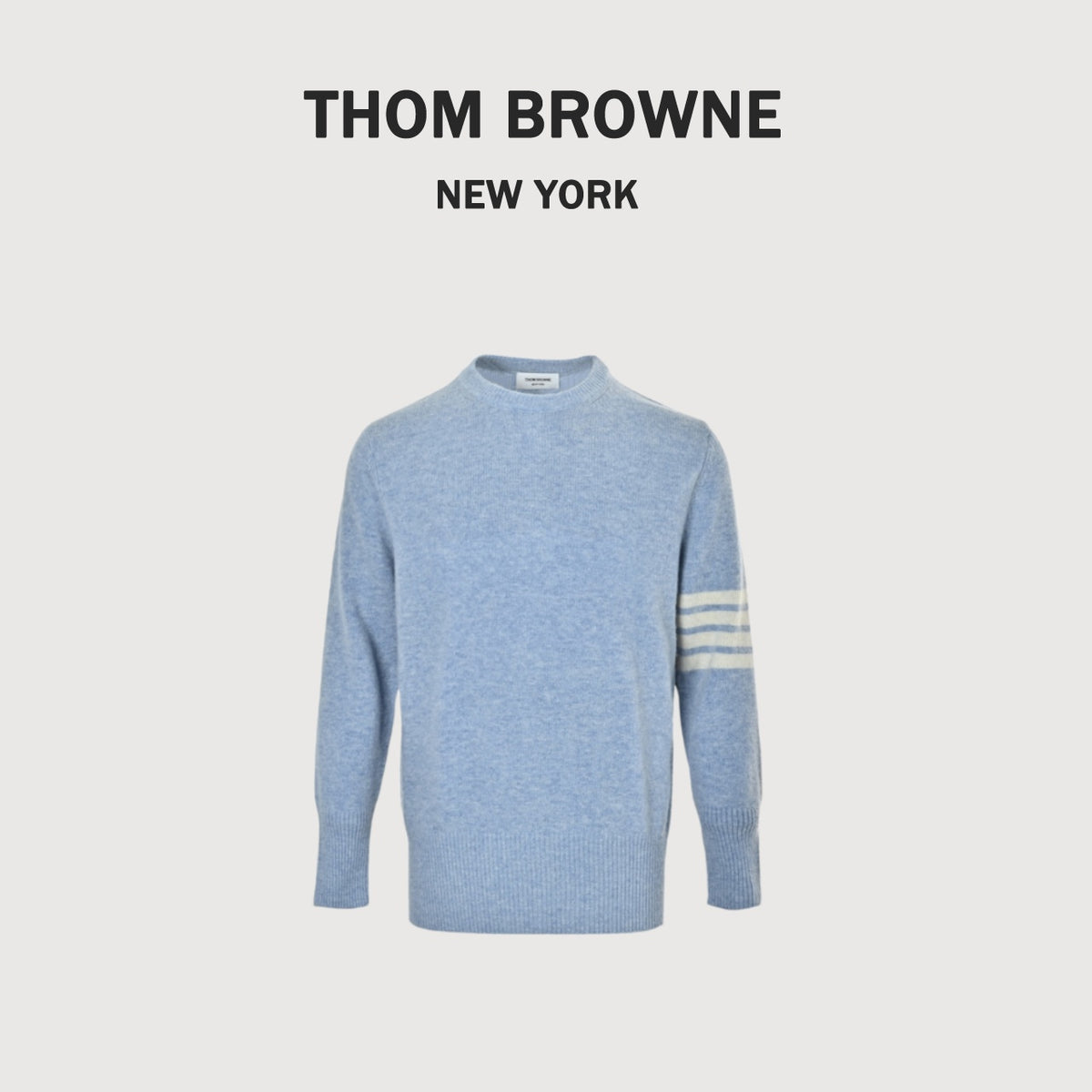 Thom Browne Four-Bar Crewneck Knit Sweater - Light Blue