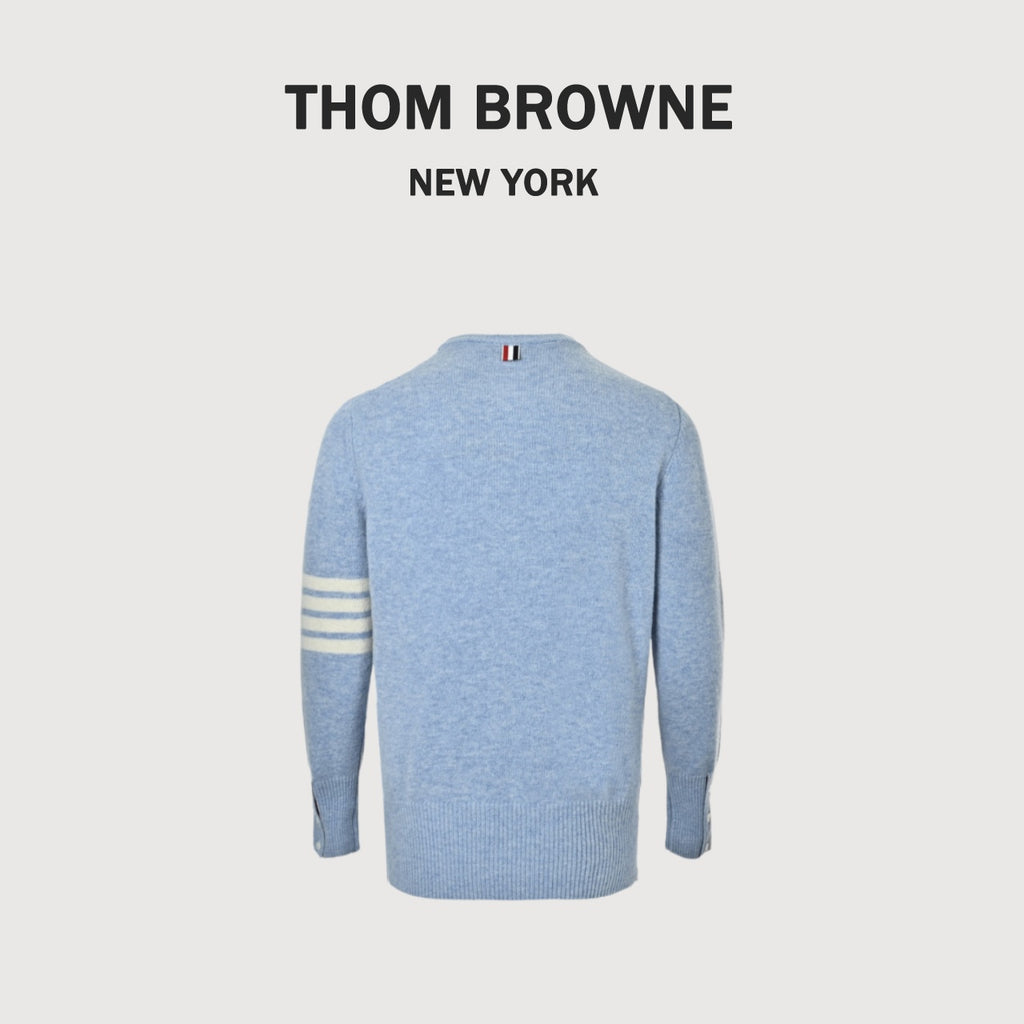 Thom Browne Four-Bar Crewneck Knit Sweater - Light Blue