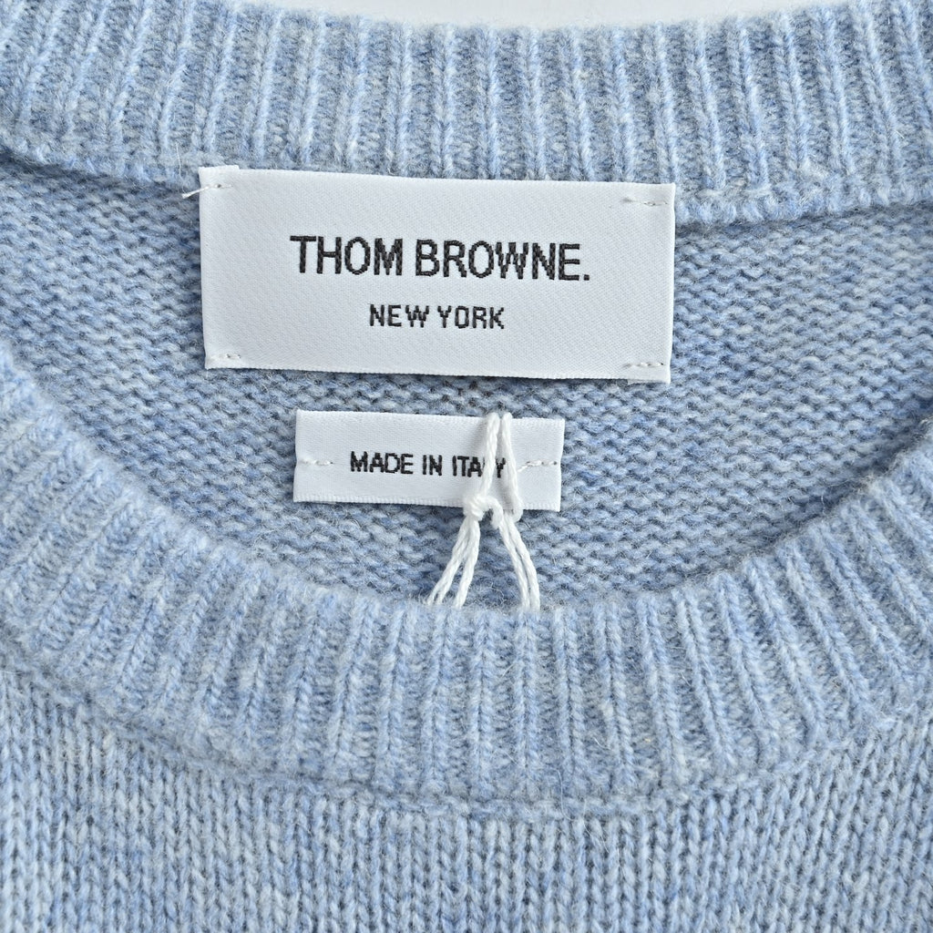 Thom Browne Four-Bar Crewneck Knit Sweater - Light Blue