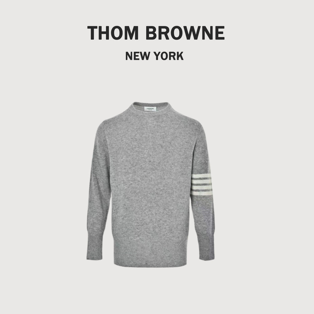 Thom Browne Four-Bar Crewneck Knit Sweater - Light Gray