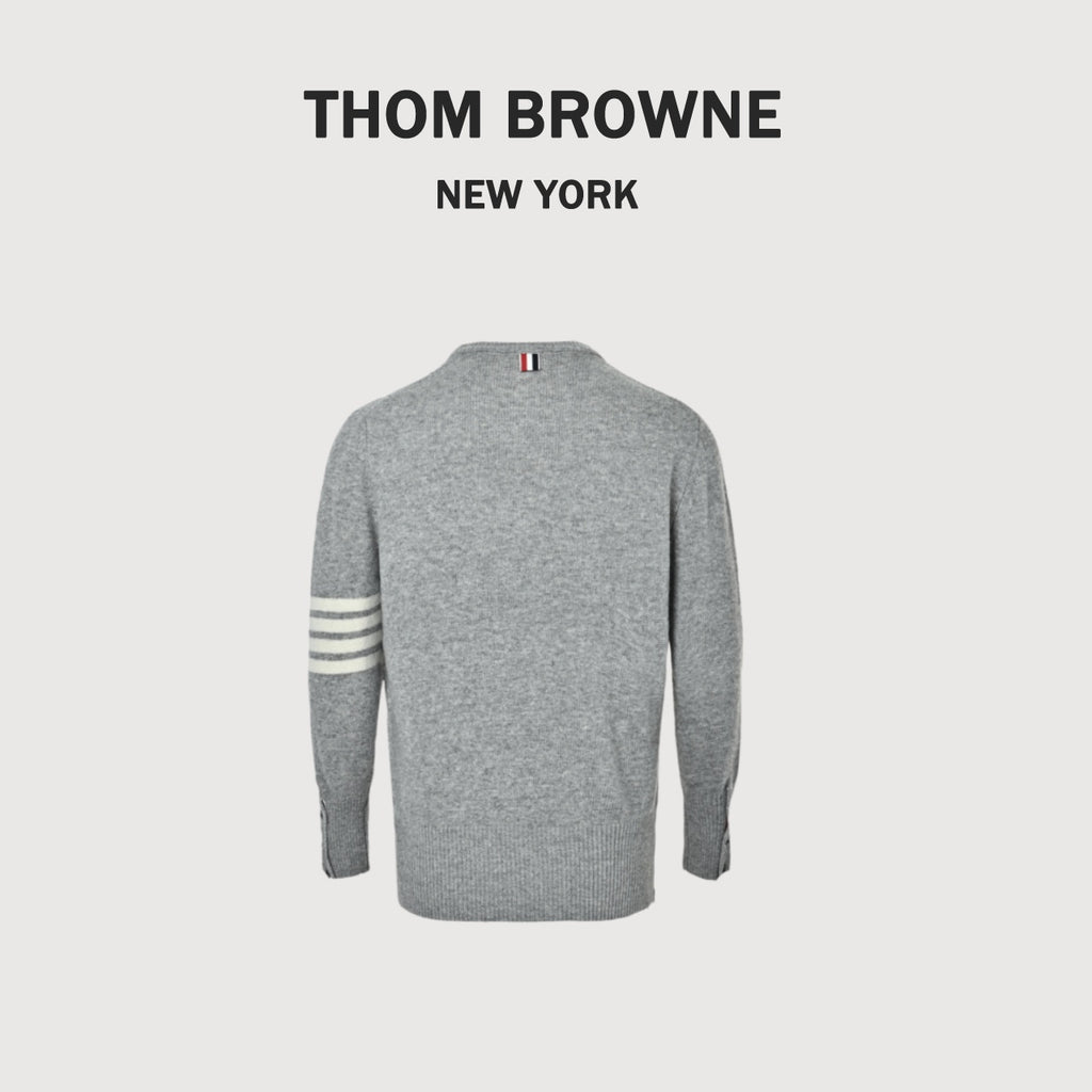 Thom Browne Four-Bar Crewneck Knit Sweater - Light Gray