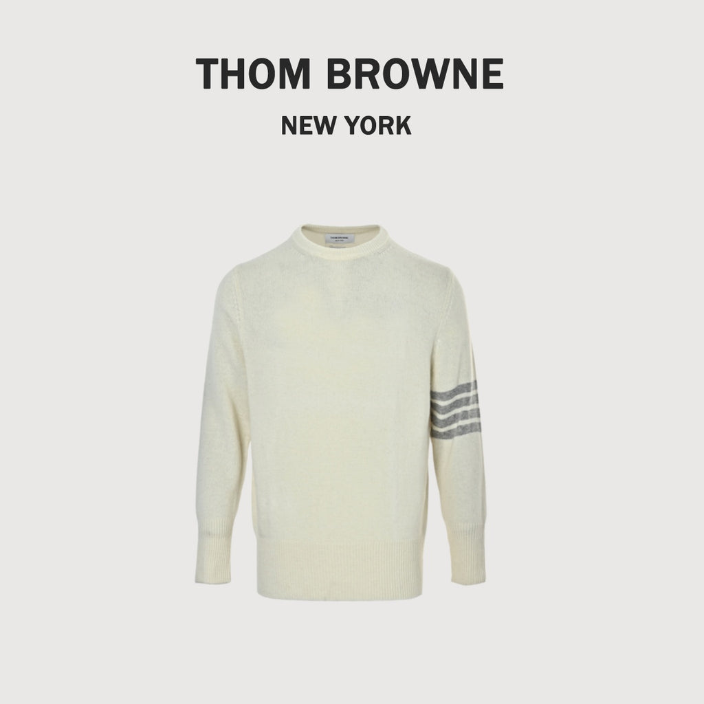 Thom Browne Four-Bar Crewneck Knit Sweater - Ivory