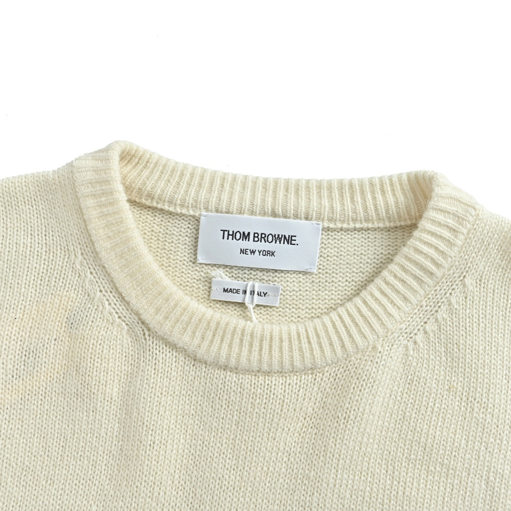 Thom Browne Four-Bar Crewneck Knit Sweater - Ivory