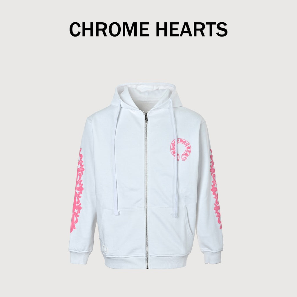 Chrome Hearts Horseshoe Print Zip-Up Hoodie - White and Pink