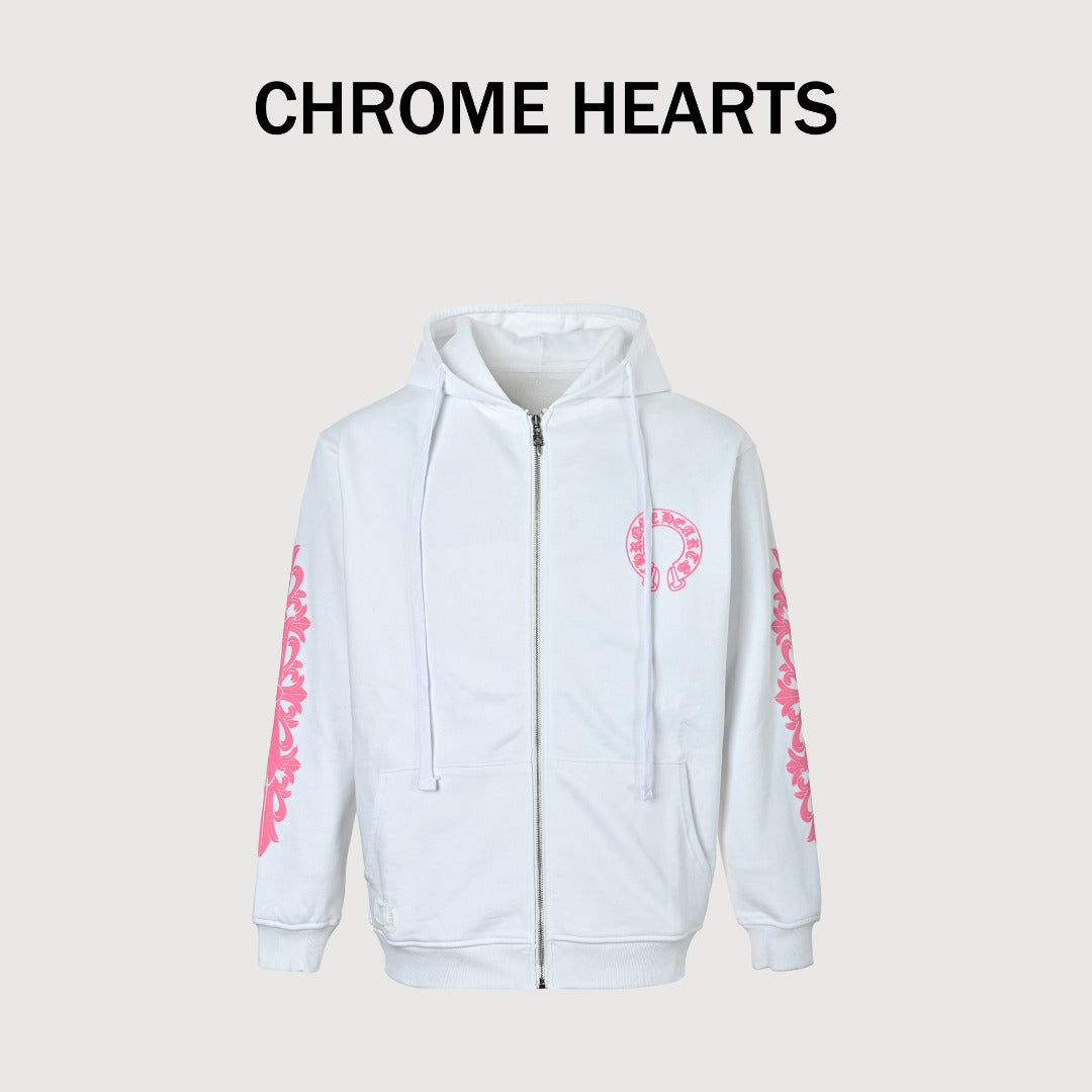 Chrome Hearts Horseshoe Print Zip-Up Hoodie - White and Pink