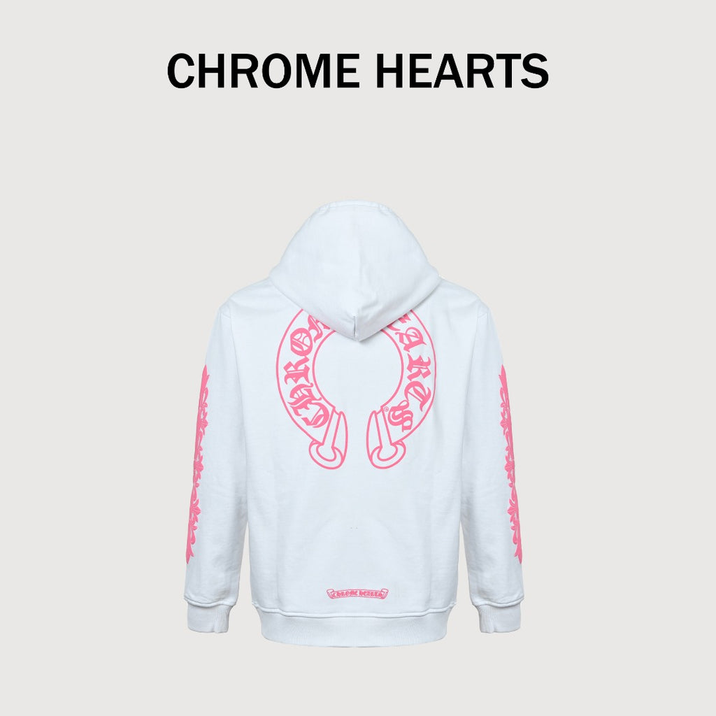 Chrome Hearts Horseshoe Print Zip-Up Hoodie - White and Pink