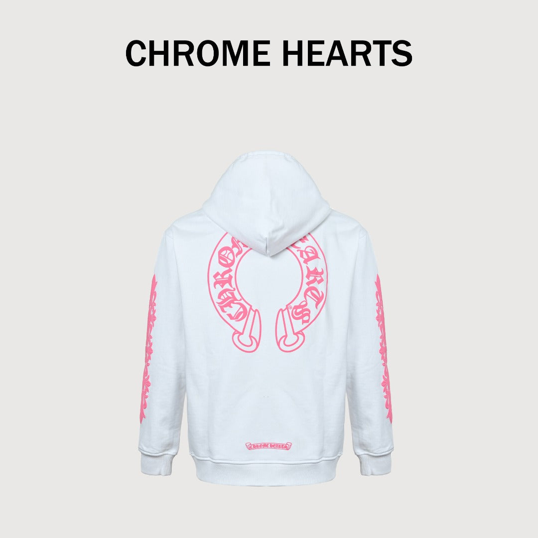 Chrome Hearts Horseshoe Print Zip-Up Hoodie - White and Pink