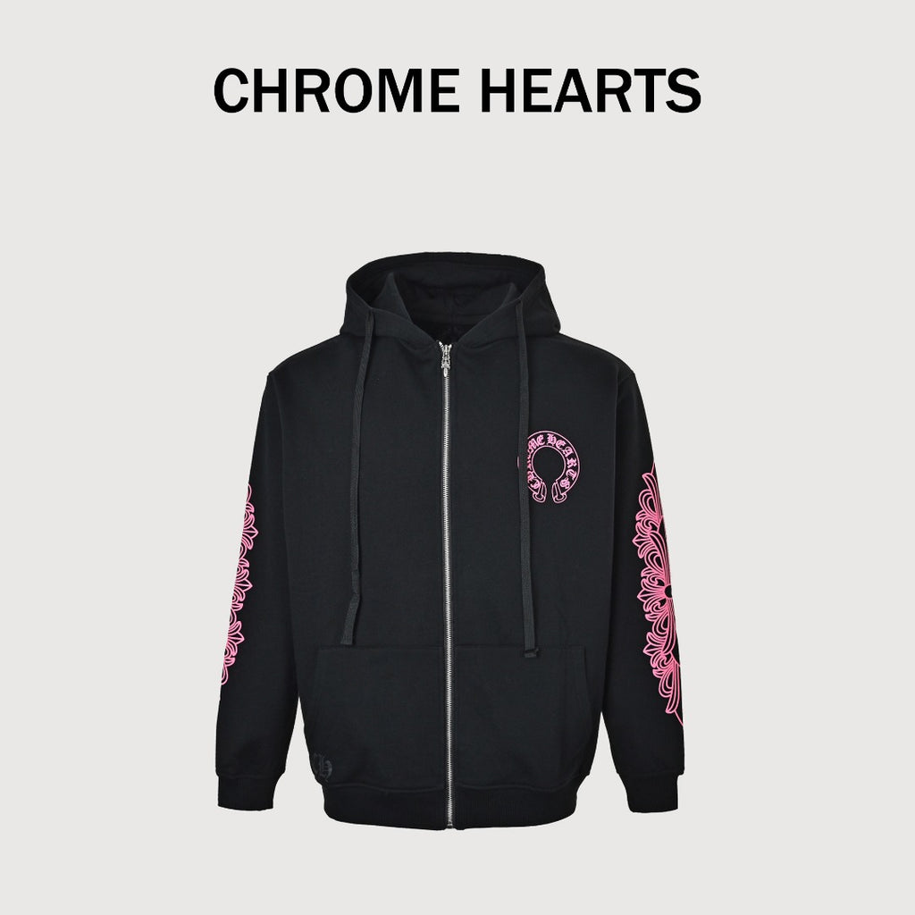Chrome Hearts Horseshoe Print Zip-Up Hoodie - Black and Pink