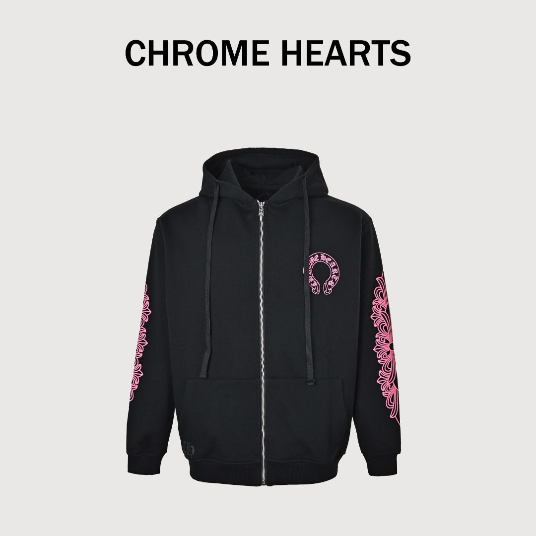 Chrome Hearts Horseshoe Print Zip-Up Hoodie - Black and Pink
