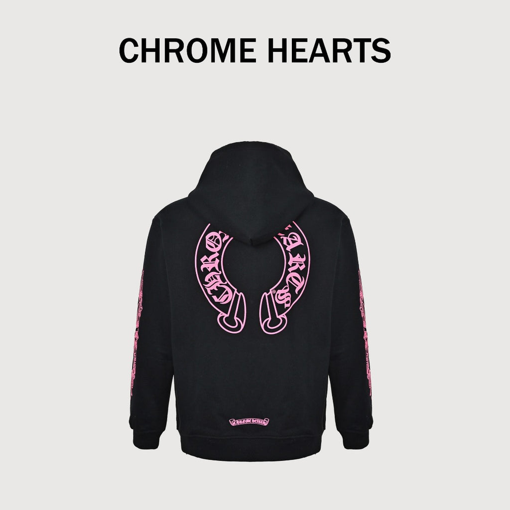 Chrome Hearts Horseshoe Print Zip-Up Hoodie - Black and Pink