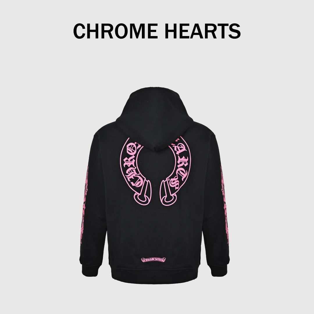 Chrome Hearts Horseshoe Print Zip-Up Hoodie - Black and Pink