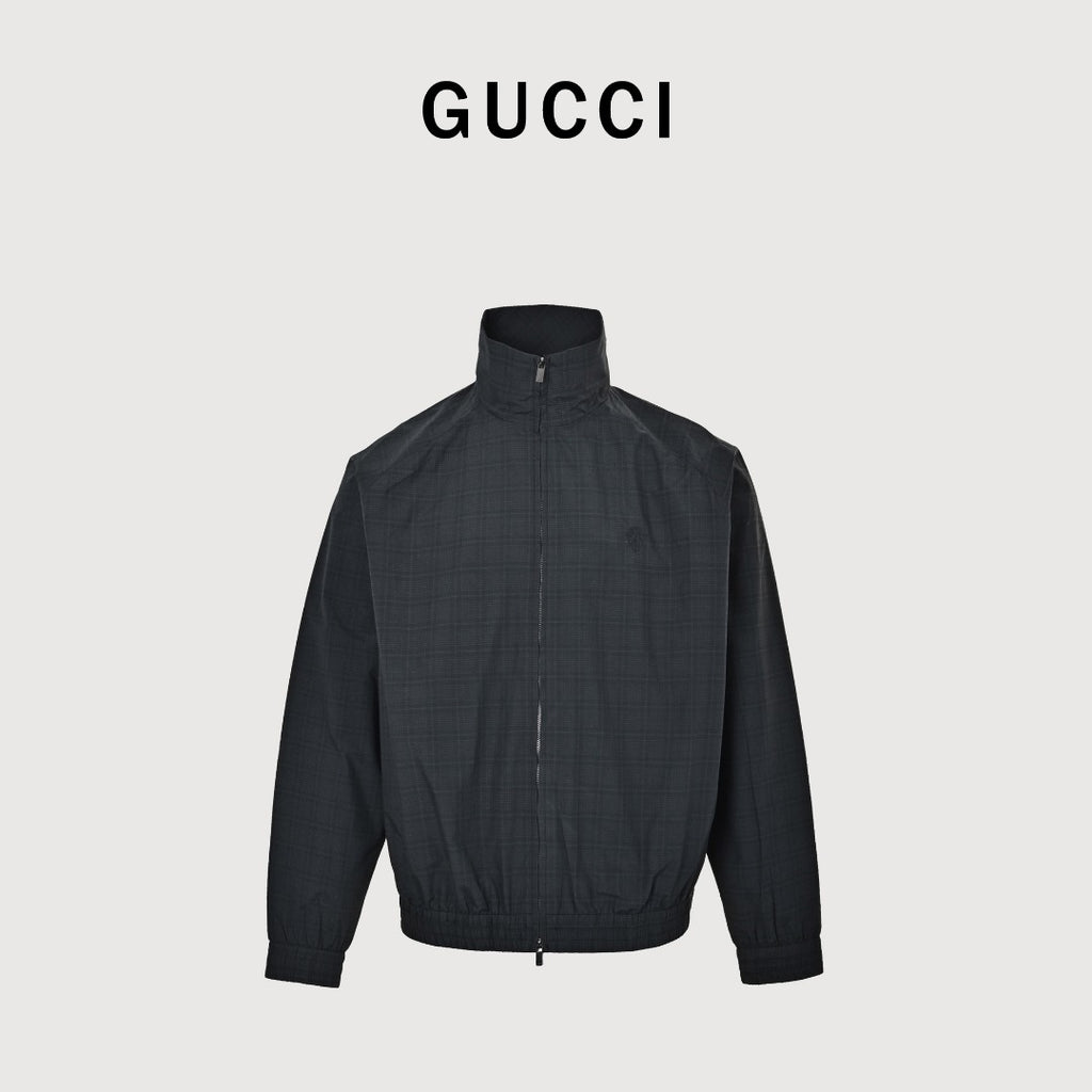 Gucci Badge-Embroidered Check Stand-Collar Jacket - Black