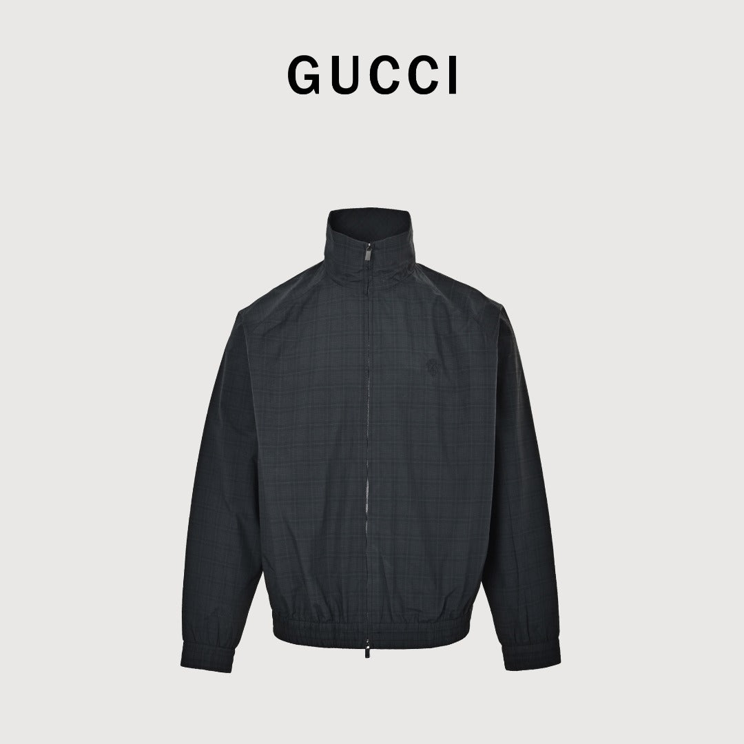 Gucci Badge-Embroidered Check Stand-Collar Jacket - Black
