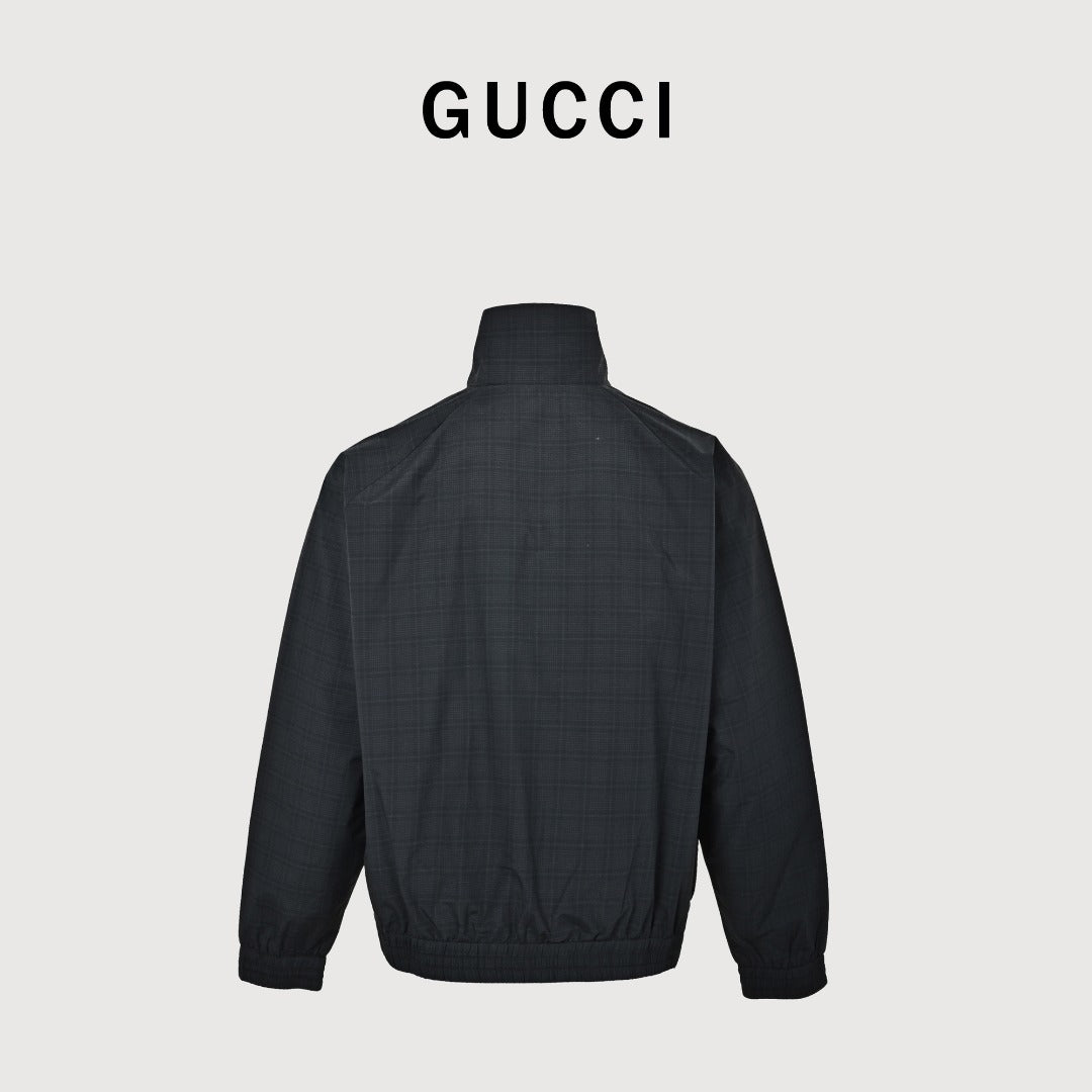Gucci Badge-Embroidered Check Stand-Collar Jacket - Black
