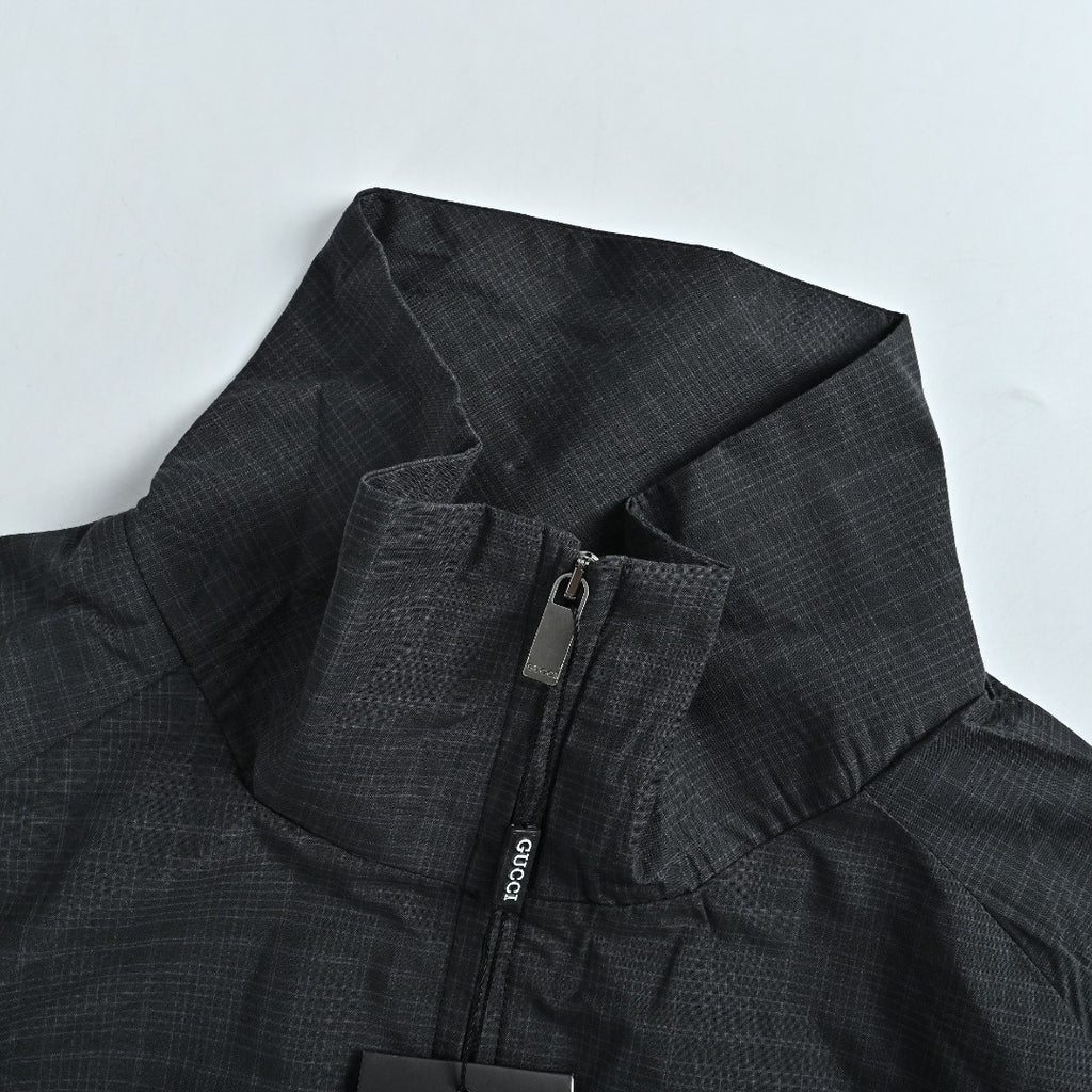 Gucci Badge-Embroidered Check Stand-Collar Jacket - Black