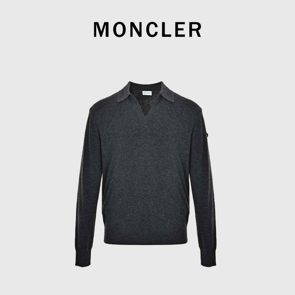 Moncler Sleeve Badge V-Neck Knit Polo Sweater - Black