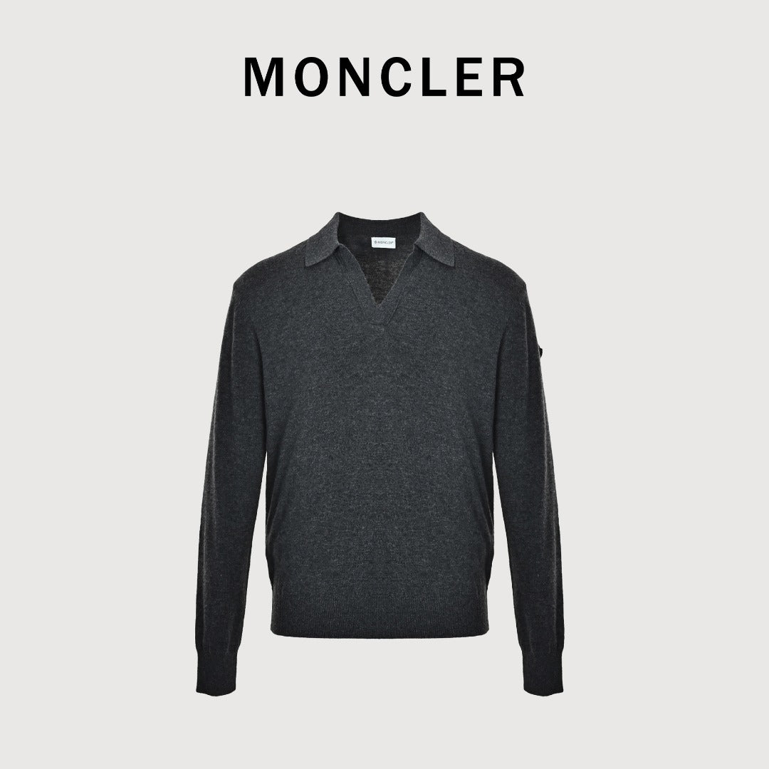 Moncler Sleeve Badge V-Neck Knit Polo Sweater - Black