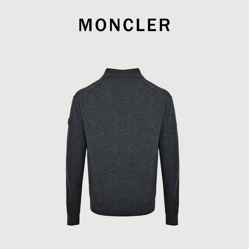 Moncler Sleeve Badge V-Neck Knit Polo Sweater - Black
