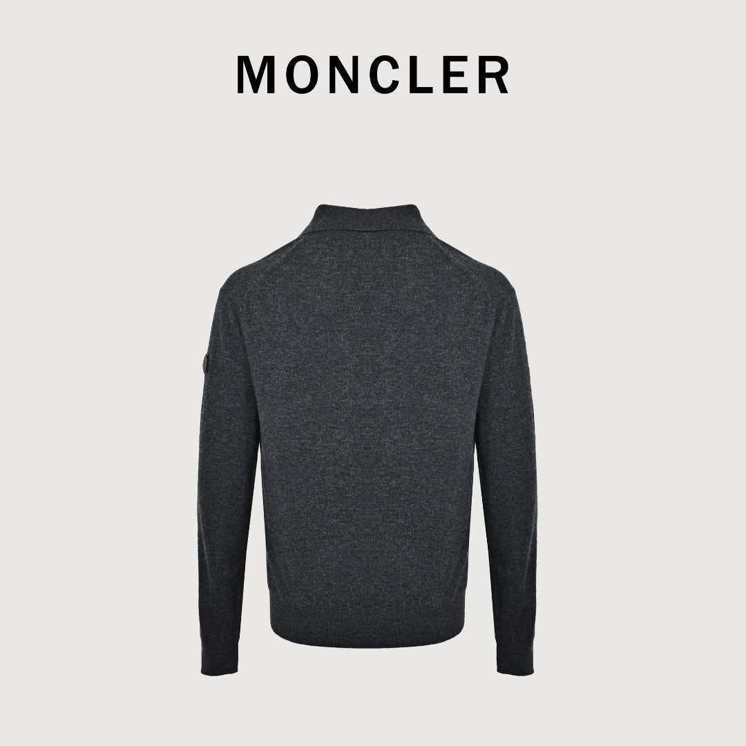 Moncler Sleeve Badge V-Neck Knit Polo Sweater - Black