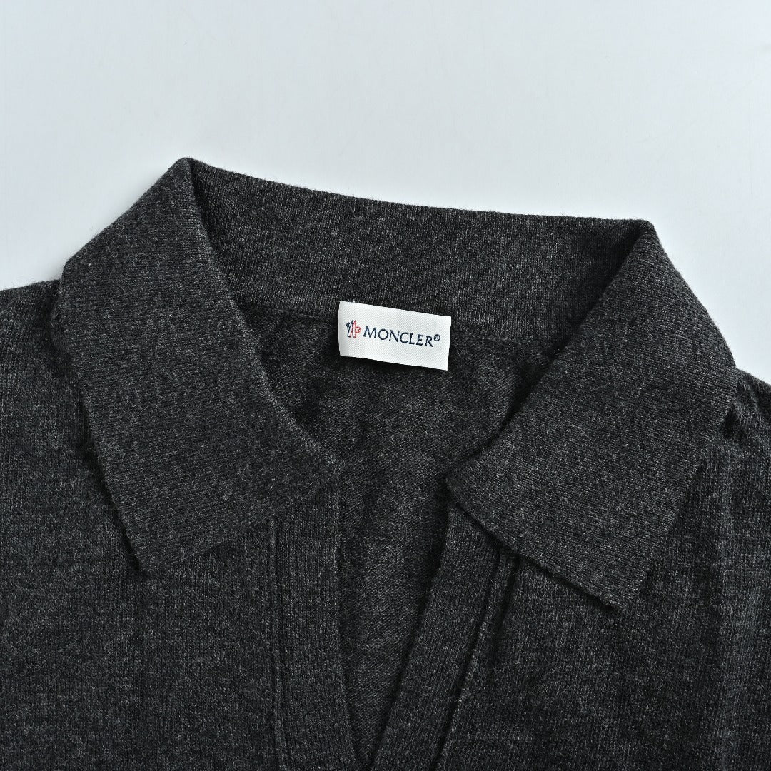 Moncler Sleeve Badge V-Neck Knit Polo Sweater - Black