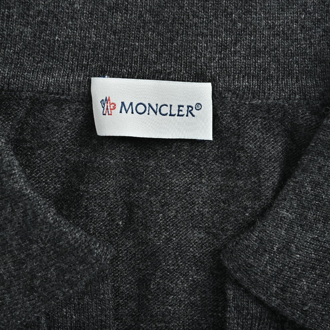 Moncler Sleeve Badge V-Neck Knit Polo Sweater - Black