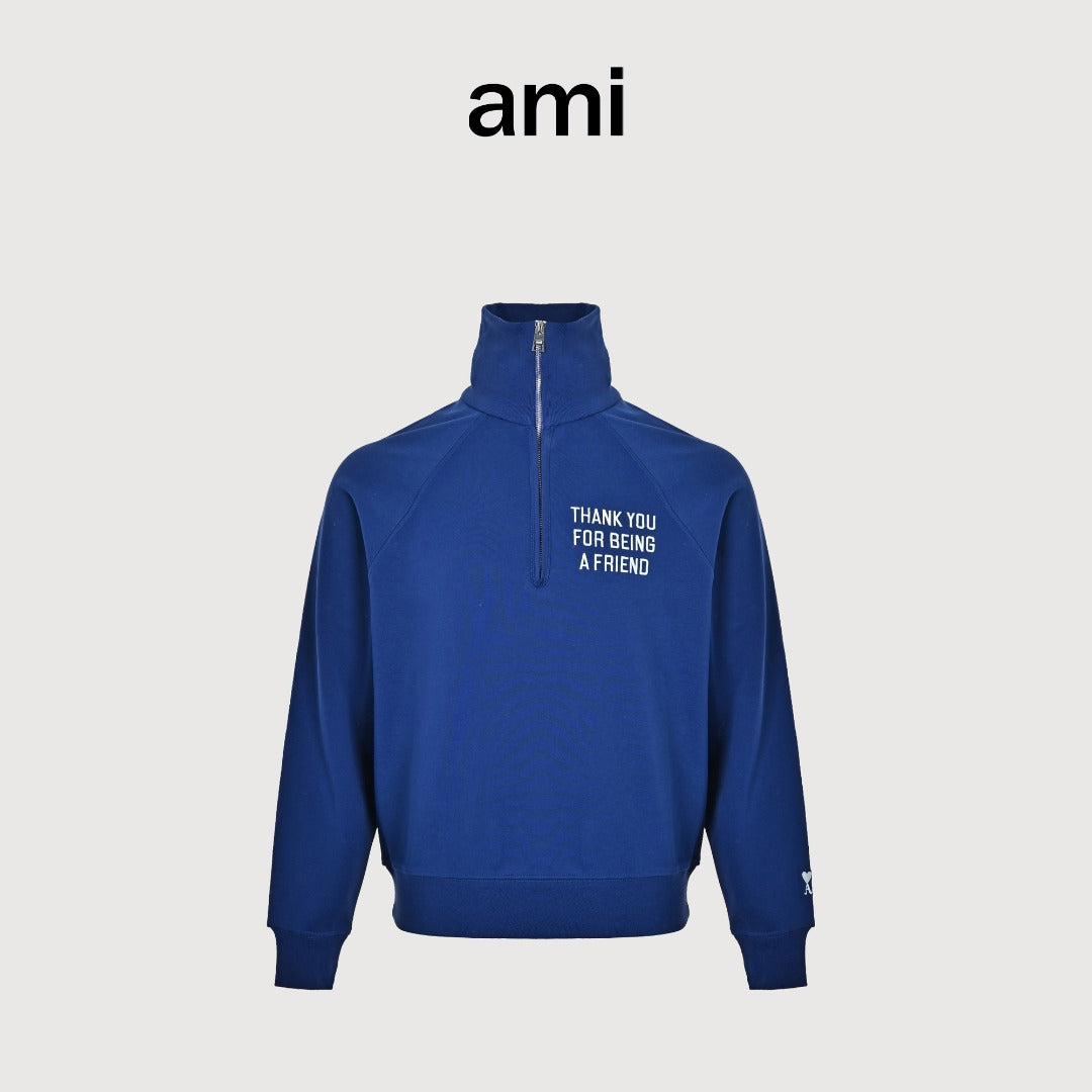 AMI Paris Slogan Half-Zip Sweatshirt - Royal Blue