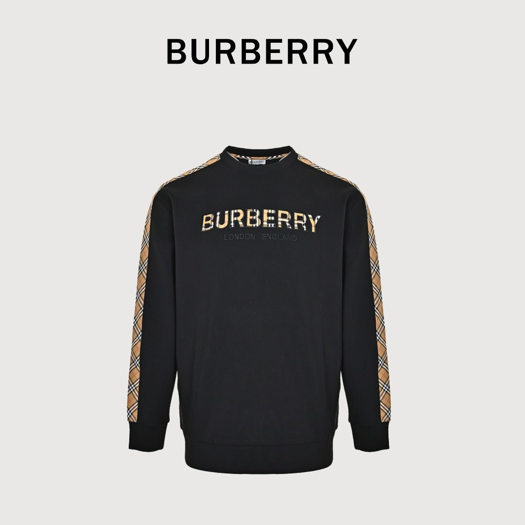Burberry Check Logo and Sleeve Stripe Crewneck Sweatshirt - Black