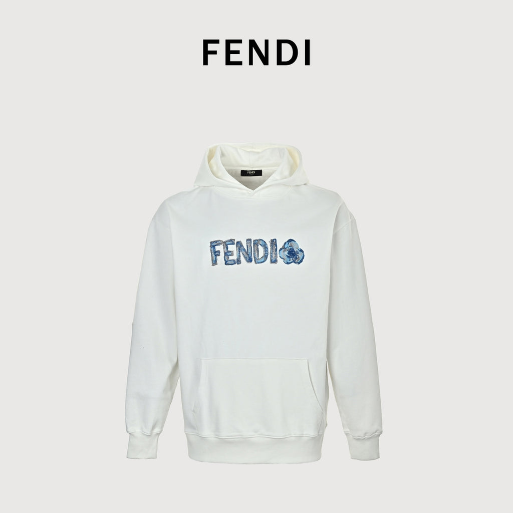 Fendi SS26 Blue Letter Embroidered Hoodie - White