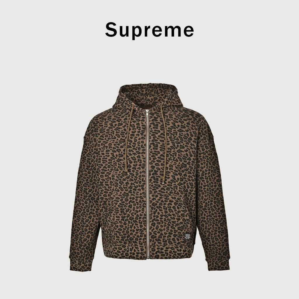 Supreme Leopard Waffle-Knit Zip-Up Hooded Jacket