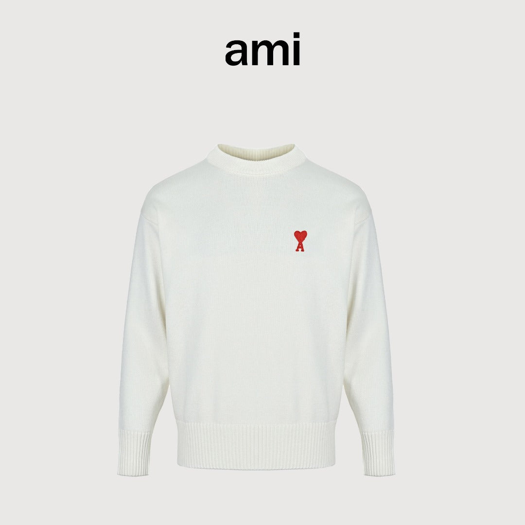 AMI Paris Small Heart Embroidered Crewneck Sweater - White