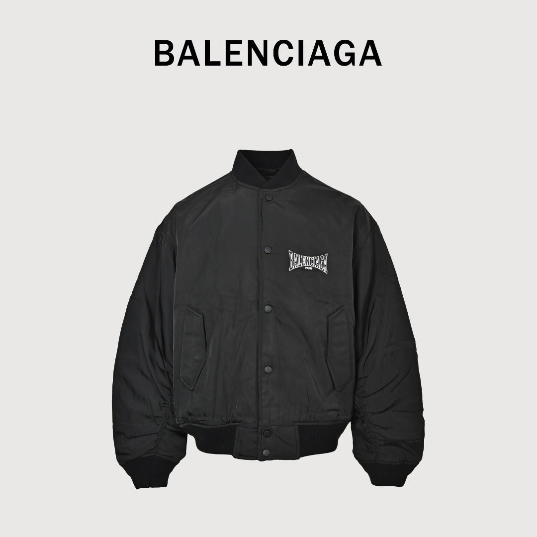 Balenciaga Slogan Embroidered Padded Bomber Jacket - Black