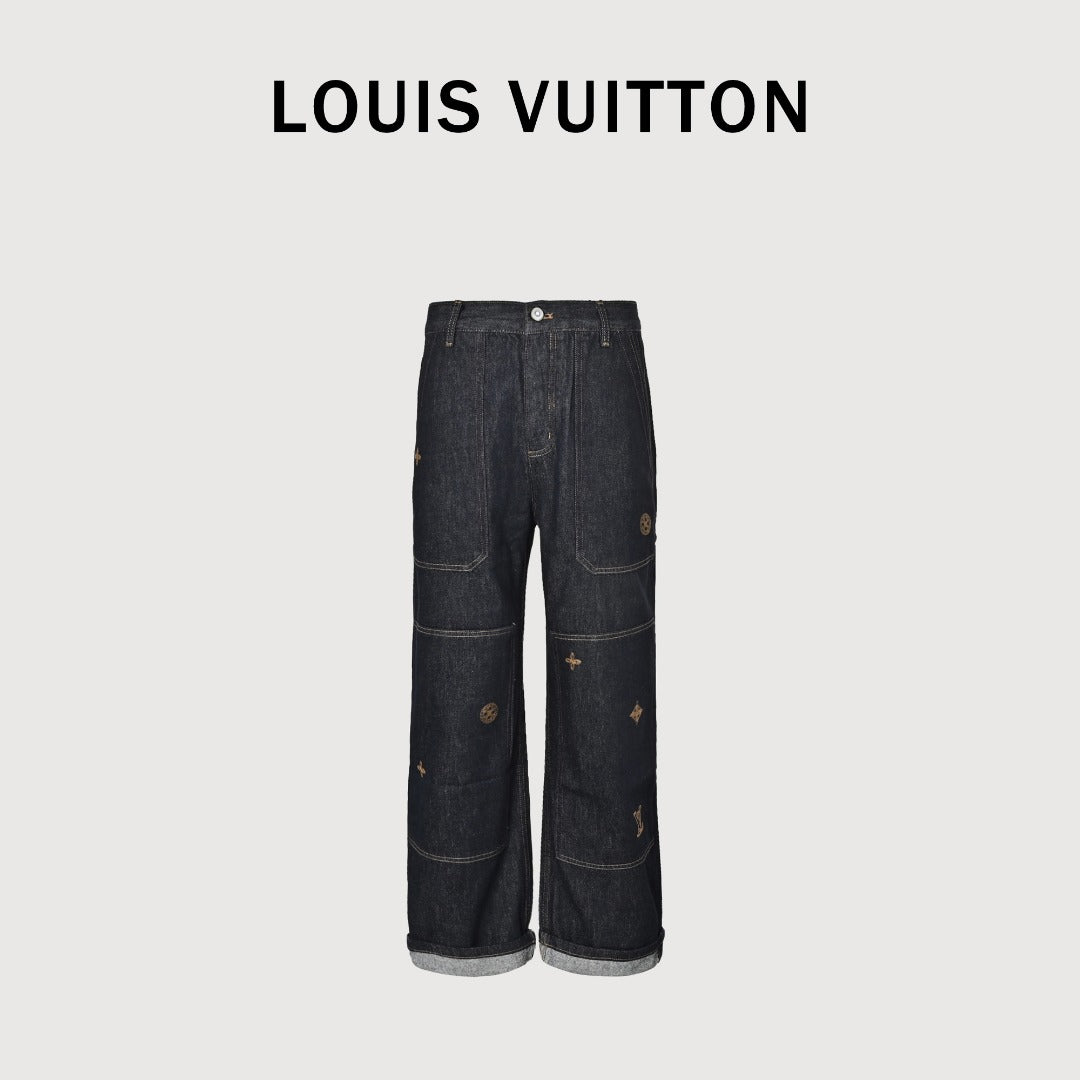 Louis Vuitton Paneled Embroidered Jeans - Dark Indigo