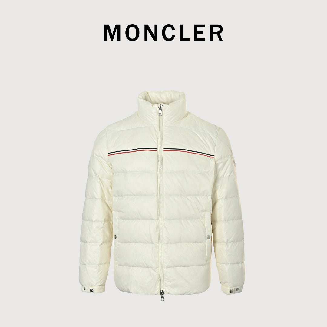 Moncler Chest Stripe Stand-Collar Down Jacket - Ivory