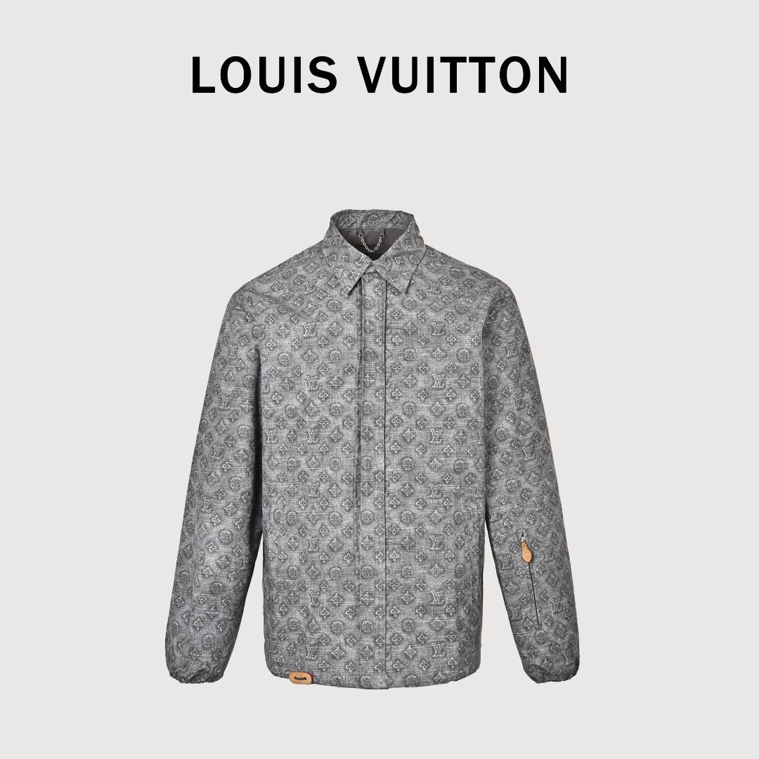 Louis Vuitton Digital Print Leather-Trim Jacket - Gray